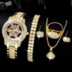 Snowflake Pattern Luxury Watch & Full Rhinestone Jewelry 5-Piece Set